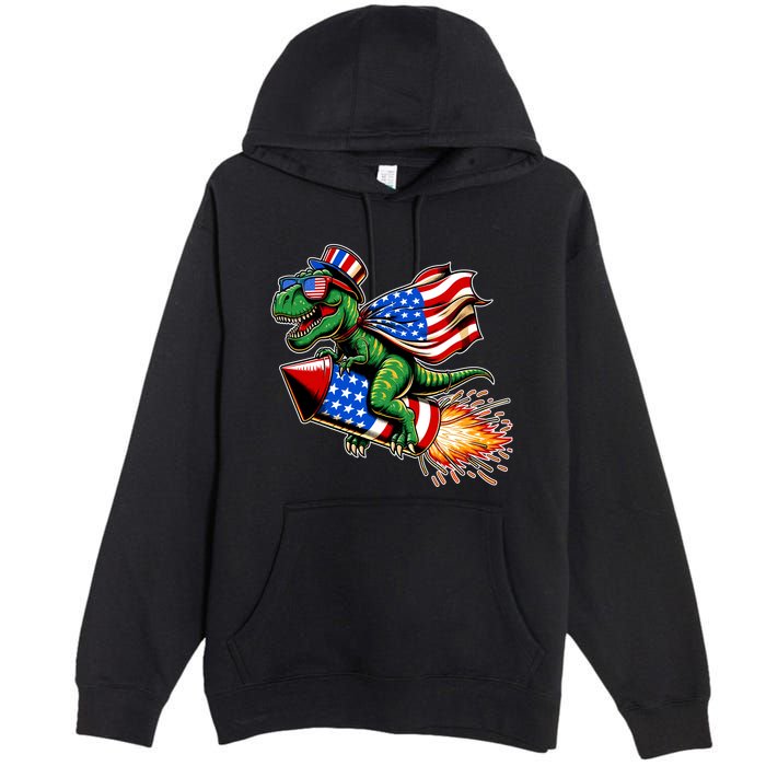 Patriotic T Rex Riding Firework 4th Of July Premium Pullover Hoodie
