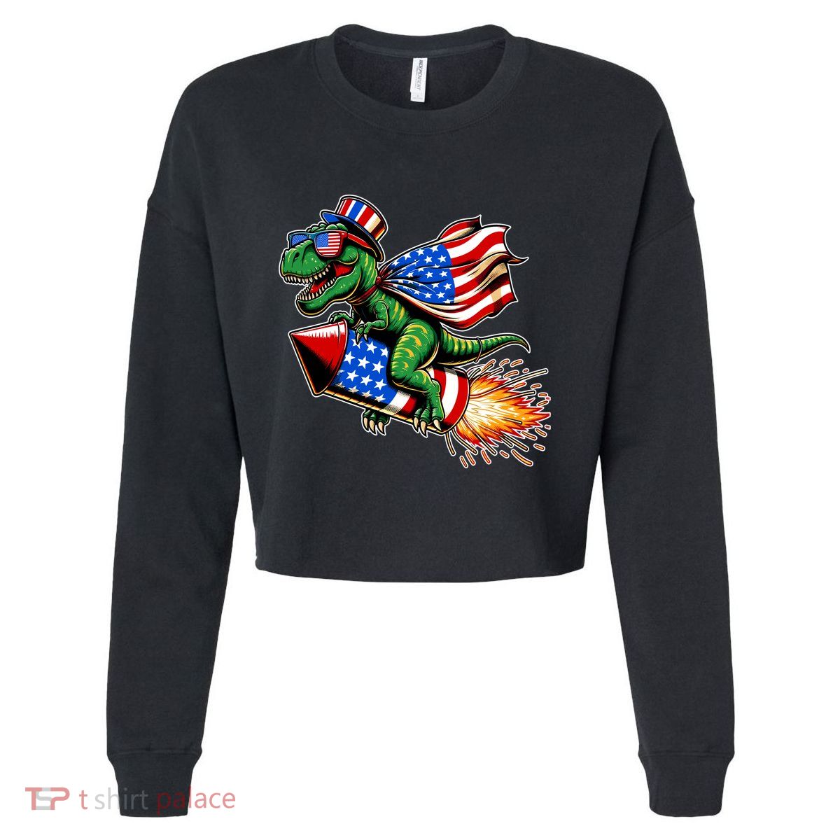 Patriotic T Rex Riding Firework 4th Of July Cropped Pullover Crew
