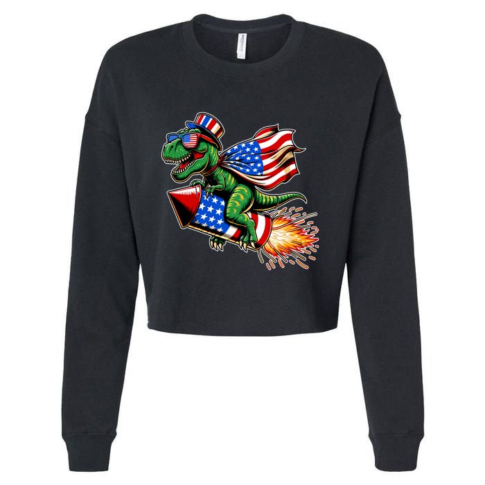 Patriotic T Rex Riding Firework 4th Of July Cropped Pullover Crew