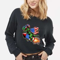 Patriotic T Rex Riding Firework 4th Of July Cropped Pullover Crew