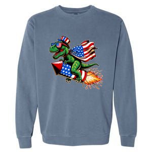 Patriotic T Rex Riding Firework 4th Of July Garment-Dyed Sweatshirt