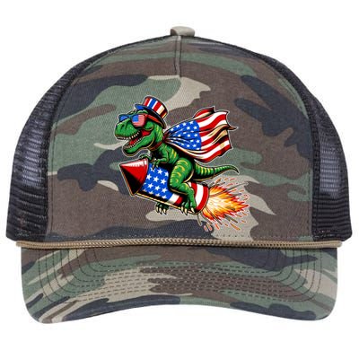 Patriotic T Rex Riding Firework 4th Of July Retro Rope Trucker Hat Cap