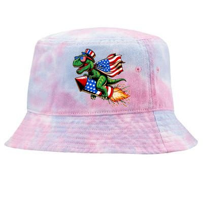 Patriotic T Rex Riding Firework 4th Of July Tie-Dyed Bucket Hat