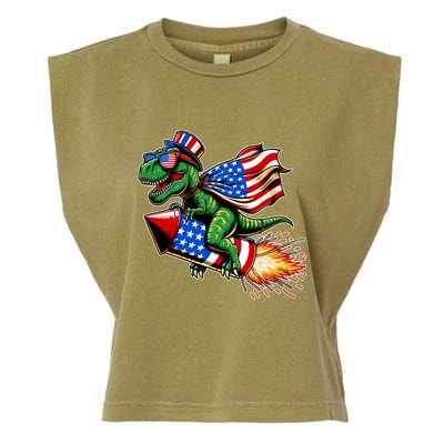 Patriotic T Rex Riding Firework 4th Of July Garment-Dyed Women's Muscle Tee