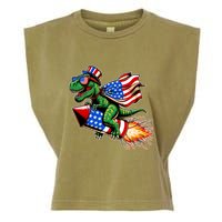 Patriotic T Rex Riding Firework 4th Of July Garment-Dyed Women's Muscle Tee