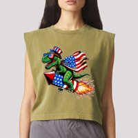 Patriotic T Rex Riding Firework 4th Of July Garment-Dyed Women's Muscle Tee