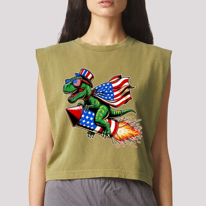 Patriotic T Rex Riding Firework 4th Of July Garment-Dyed Women's Muscle Tee