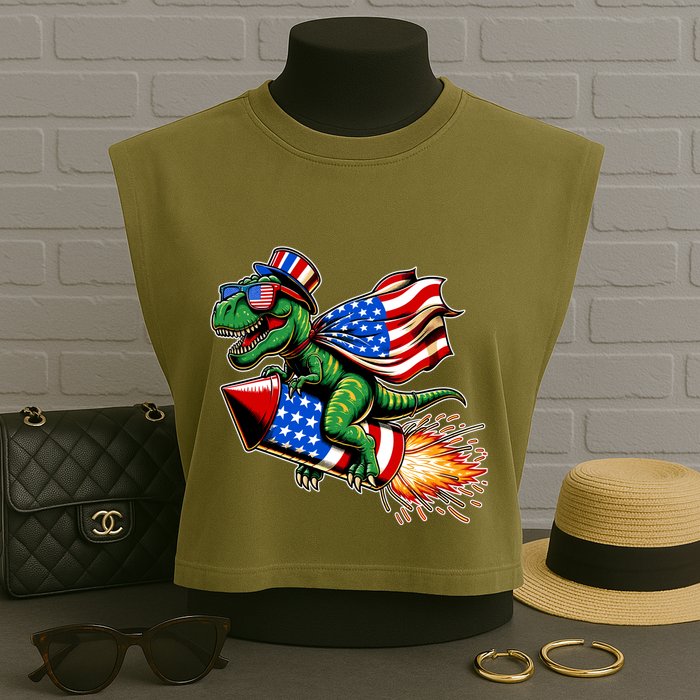 Patriotic T Rex Riding Firework 4th Of July Garment-Dyed Women's Muscle Tee