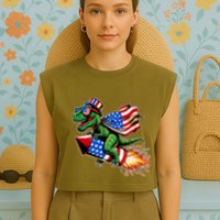 Patriotic T Rex Riding Firework 4th Of July Garment-Dyed Women's Muscle Tee