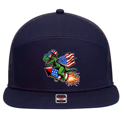 Patriotic T Rex Riding Firework 4th Of July 7 Panel Mesh Trucker Snapback Hat