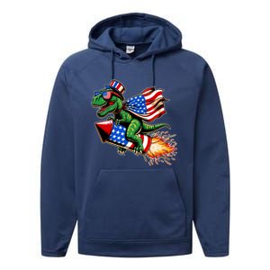 Patriotic T Rex Riding Firework 4th Of July Performance Fleece Hoodie