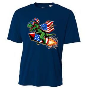 Patriotic T Rex Riding Firework 4th Of July Cooling Performance Crew T-Shirt