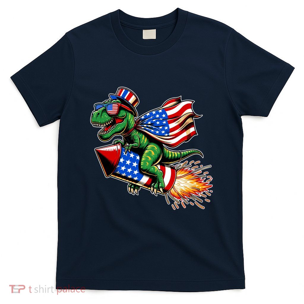 Patriotic T Rex Riding Firework 4th Of July T-Shirt