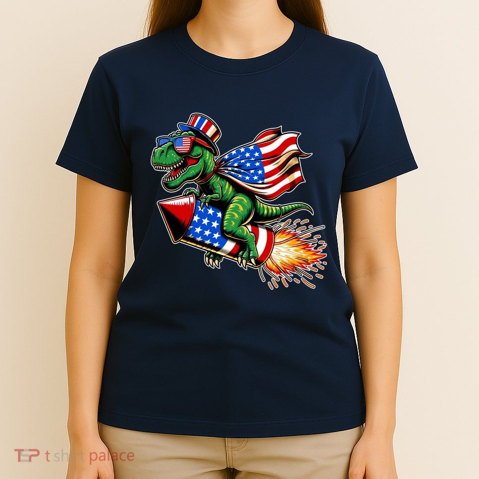 Patriotic T Rex Riding Firework 4th Of July T-Shirt