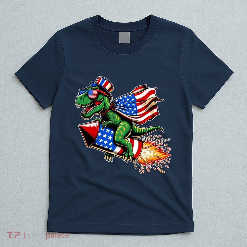 Patriotic T Rex Riding Firework 4th Of July T-Shirt