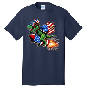 Patriotic T Rex Riding Firework 4th Of July Tall T-Shirt