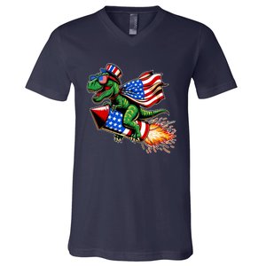 Patriotic T Rex Riding Firework 4th Of July V-Neck T-Shirt