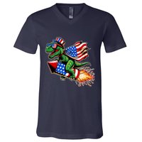 Patriotic T Rex Riding Firework 4th Of July V-Neck T-Shirt