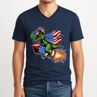 Patriotic T Rex Riding Firework 4th Of July V-Neck T-Shirt