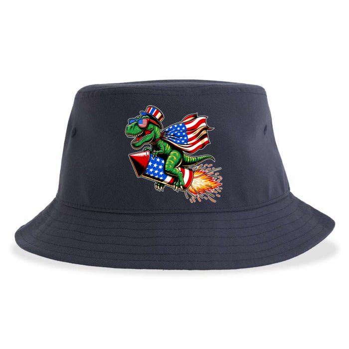 Patriotic T Rex Riding Firework 4th Of July Sustainable Bucket Hat