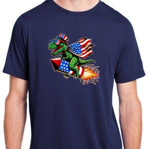 Patriotic T Rex Riding Firework 4th Of July Adult ChromaSoft Performance T-Shirt