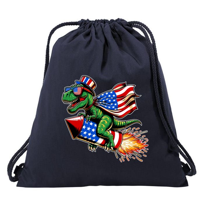 Patriotic T Rex Riding Firework 4th Of July Drawstring Bag