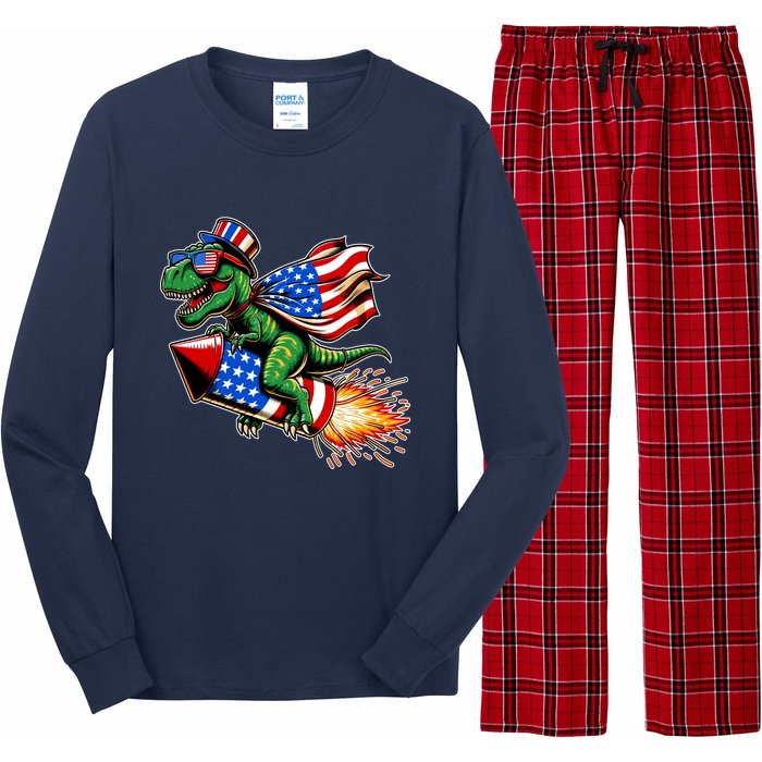 Patriotic T Rex Riding Firework 4th Of July Long Sleeve Pajama Set