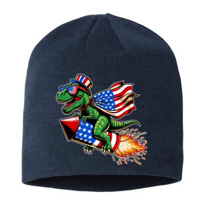 Patriotic T Rex Riding Firework 4th Of July Sustainable Beanie