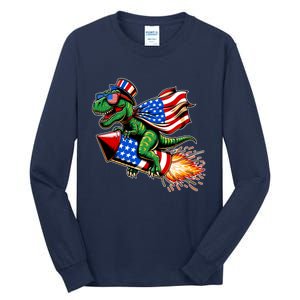 Patriotic T Rex Riding Firework 4th Of July Tall Long Sleeve T-Shirt