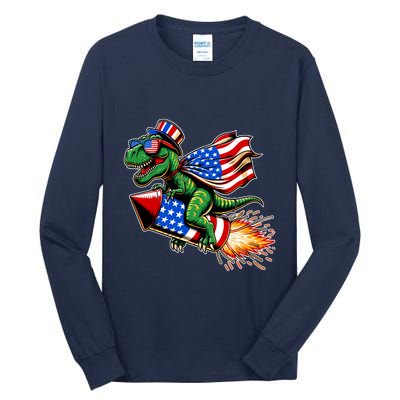 Patriotic T Rex Riding Firework 4th Of July Tall Long Sleeve T-Shirt