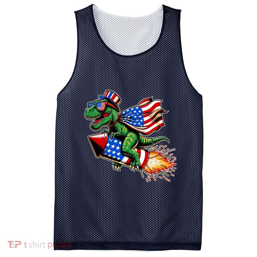 Patriotic T Rex Riding Firework 4th Of July Mesh Reversible Basketball Jersey Tank