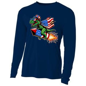 Patriotic T Rex Riding Firework 4th Of July Cooling Performance Long Sleeve Crew