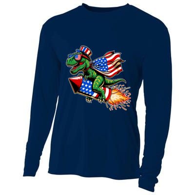 Patriotic T Rex Riding Firework 4th Of July Cooling Performance Long Sleeve Crew
