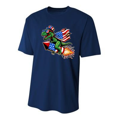 Patriotic T Rex Riding Firework 4th Of July Youth Performance Sprint T-Shirt