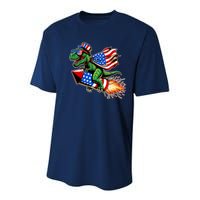 Patriotic T Rex Riding Firework 4th Of July Youth Performance Sprint T-Shirt