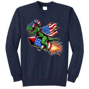 Patriotic T Rex Riding Firework 4th Of July Tall Sweatshirt