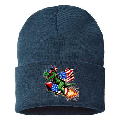 Patriotic T Rex Riding Firework 4th Of July Sustainable Knit Beanie