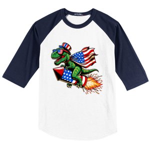 Patriotic T Rex Riding Firework 4th Of July Baseball Sleeve Shirt