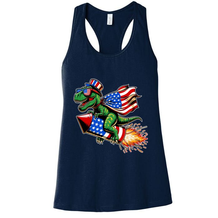 Patriotic T Rex Riding Firework 4th Of July Womens Tank Top
