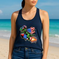 Patriotic T Rex Riding Firework 4th Of July Womens Tank Top