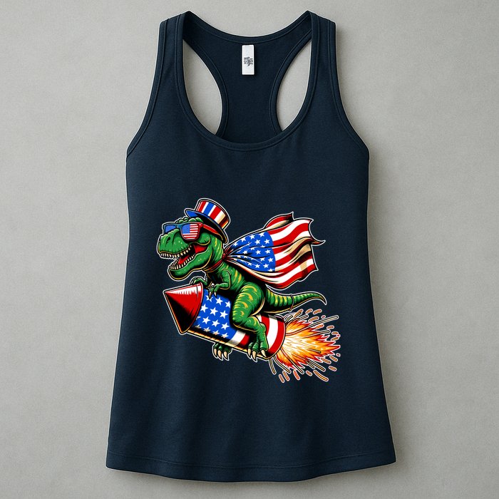 Patriotic T Rex Riding Firework 4th Of July Womens Tank Top