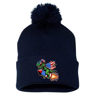 Patriotic T Rex Riding Firework 4th Of July Pom Pom 12in Knit Beanie