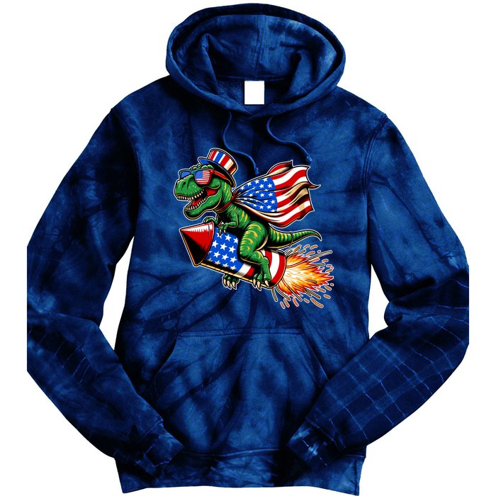 Patriotic T Rex Riding Firework 4th Of July Tie Dye Hoodie