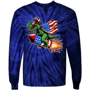 Patriotic T Rex Riding Firework 4th Of July Tie-Dye Long Sleeve Shirt