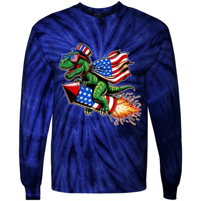 Patriotic T Rex Riding Firework 4th Of July Tie-Dye Long Sleeve Shirt