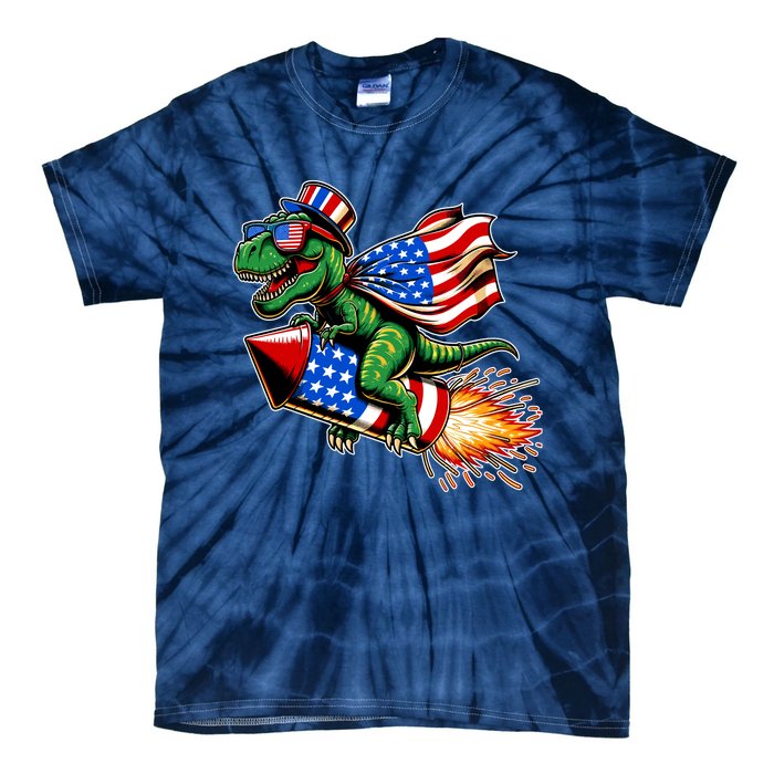 Patriotic T Rex Riding Firework 4th Of July Tie-Dye T-Shirt