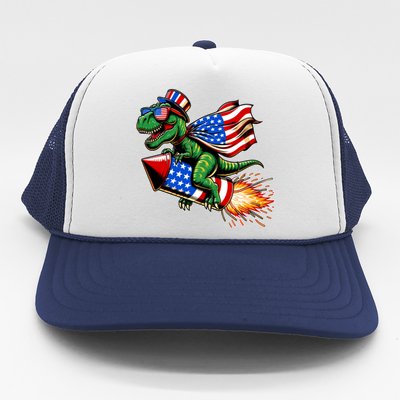 Patriotic T Rex Riding Firework 4th Of July Trucker Hat