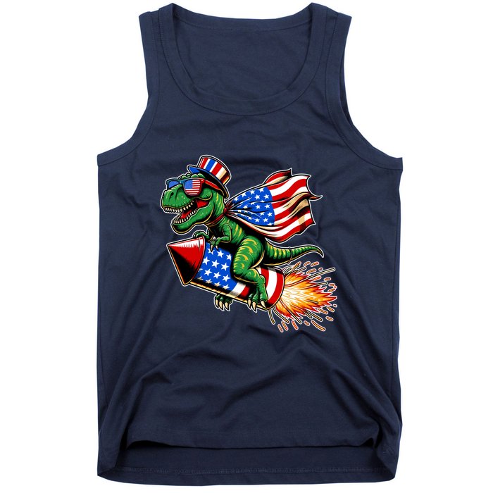 Patriotic T Rex Riding Firework 4th Of July Tank Top