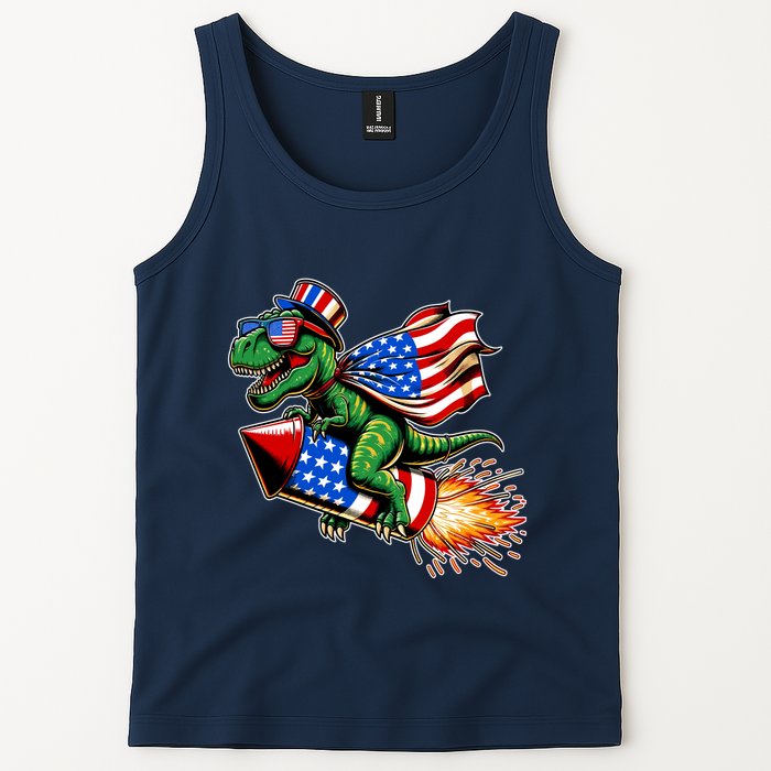 Patriotic T Rex Riding Firework 4th Of July Tank Top