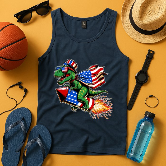 Patriotic T Rex Riding Firework 4th Of July Tank Top